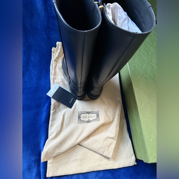 NEW GUCCI KNEE-HIGH LOGO BLACK LEATHER BOOTS -WOMEN US 10 EU 40 - Picture 7 of 12
